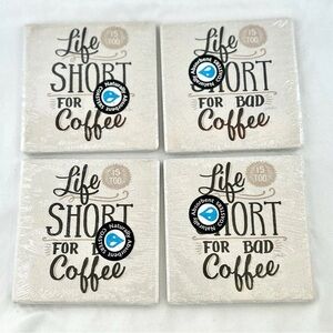 4 SOUS-VERRE “Life Is Too Short For Bad Coffee” NATURAL ABSORBENT TILE COASTERS